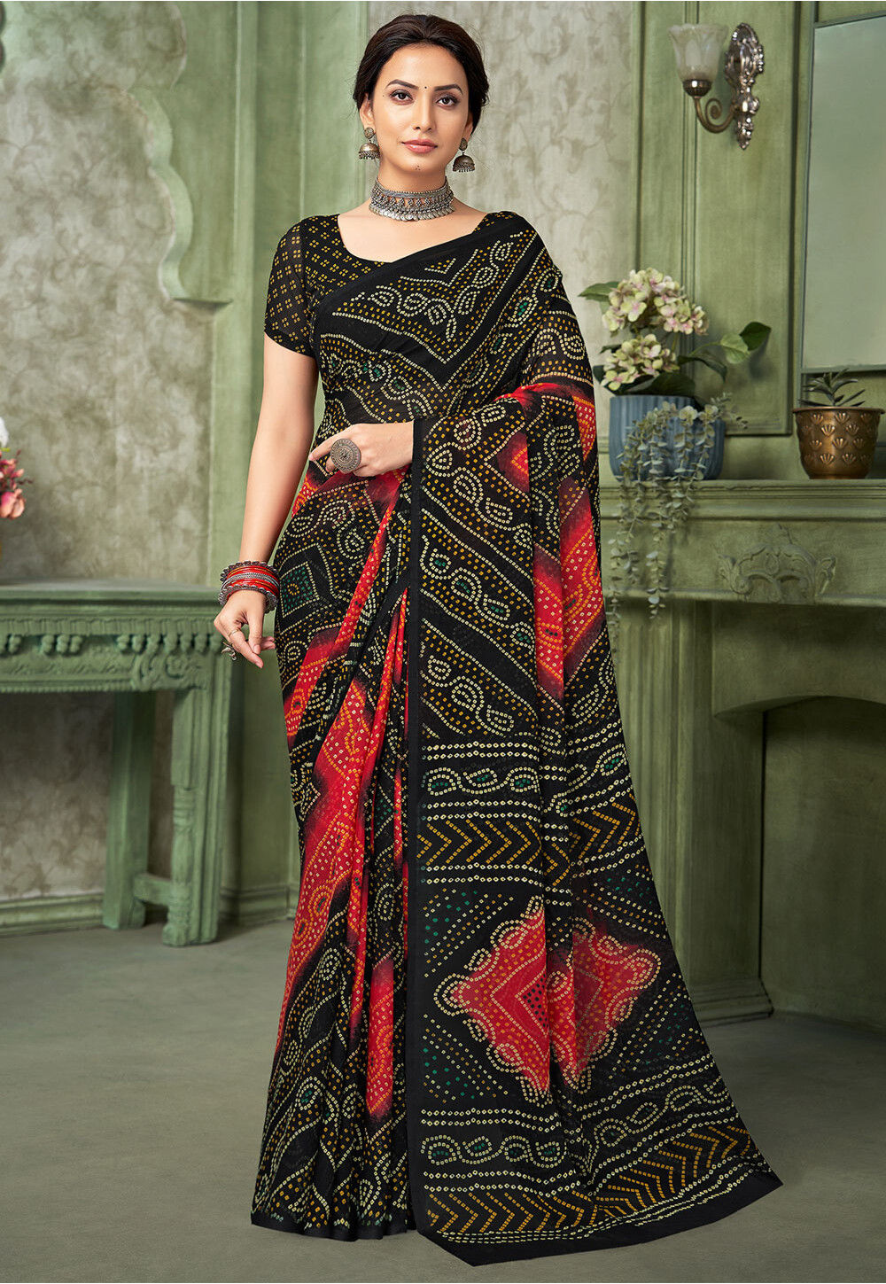 Chiffon Checked Saree with Bandhej Print