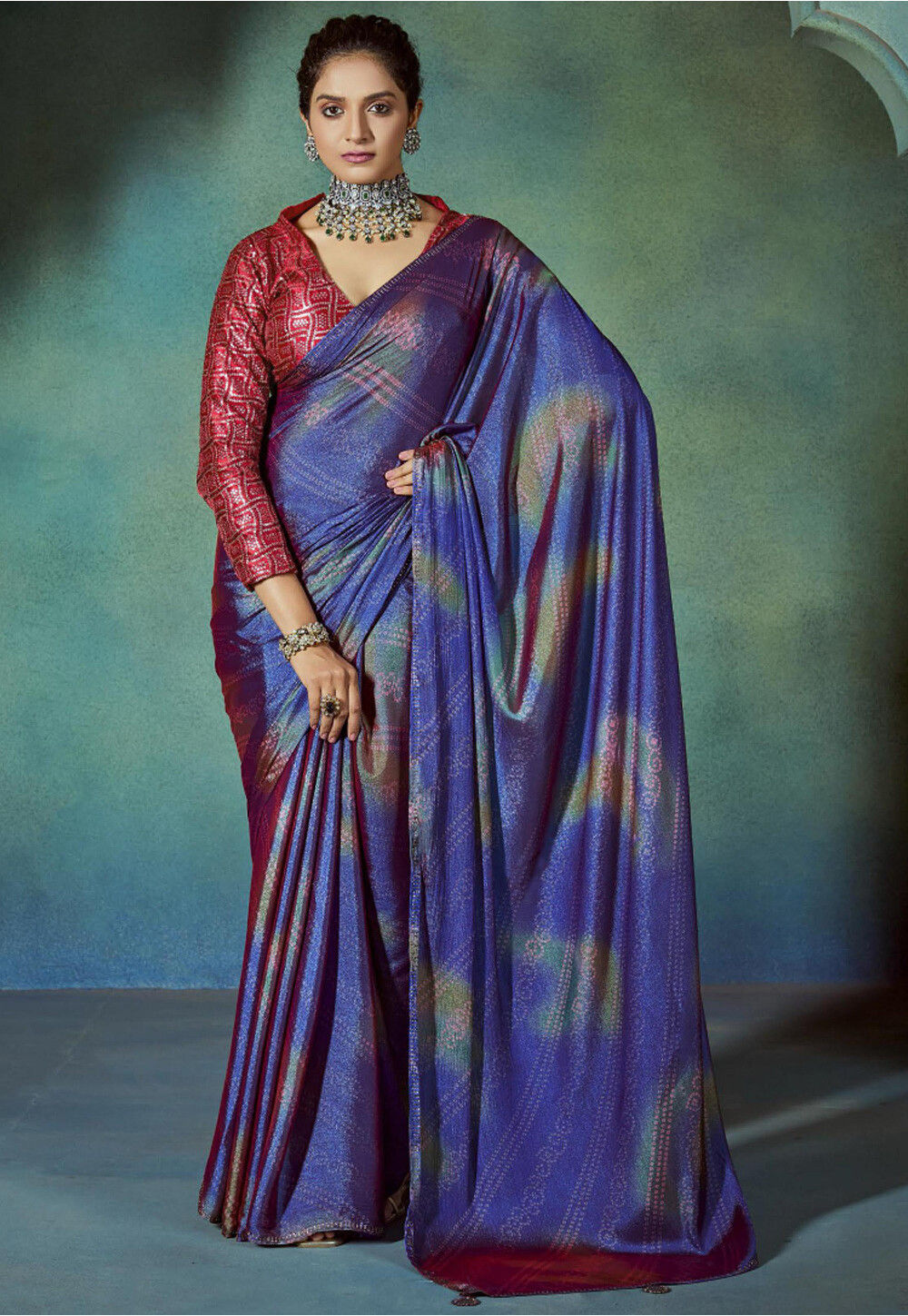 Girls Blue & White Printed Bandhej Saree With Blouse main image 0