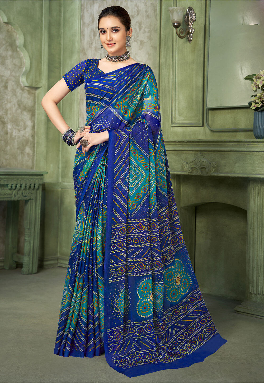 Women Blue pure_cotton Printed Bandhej Ehtnic Saree