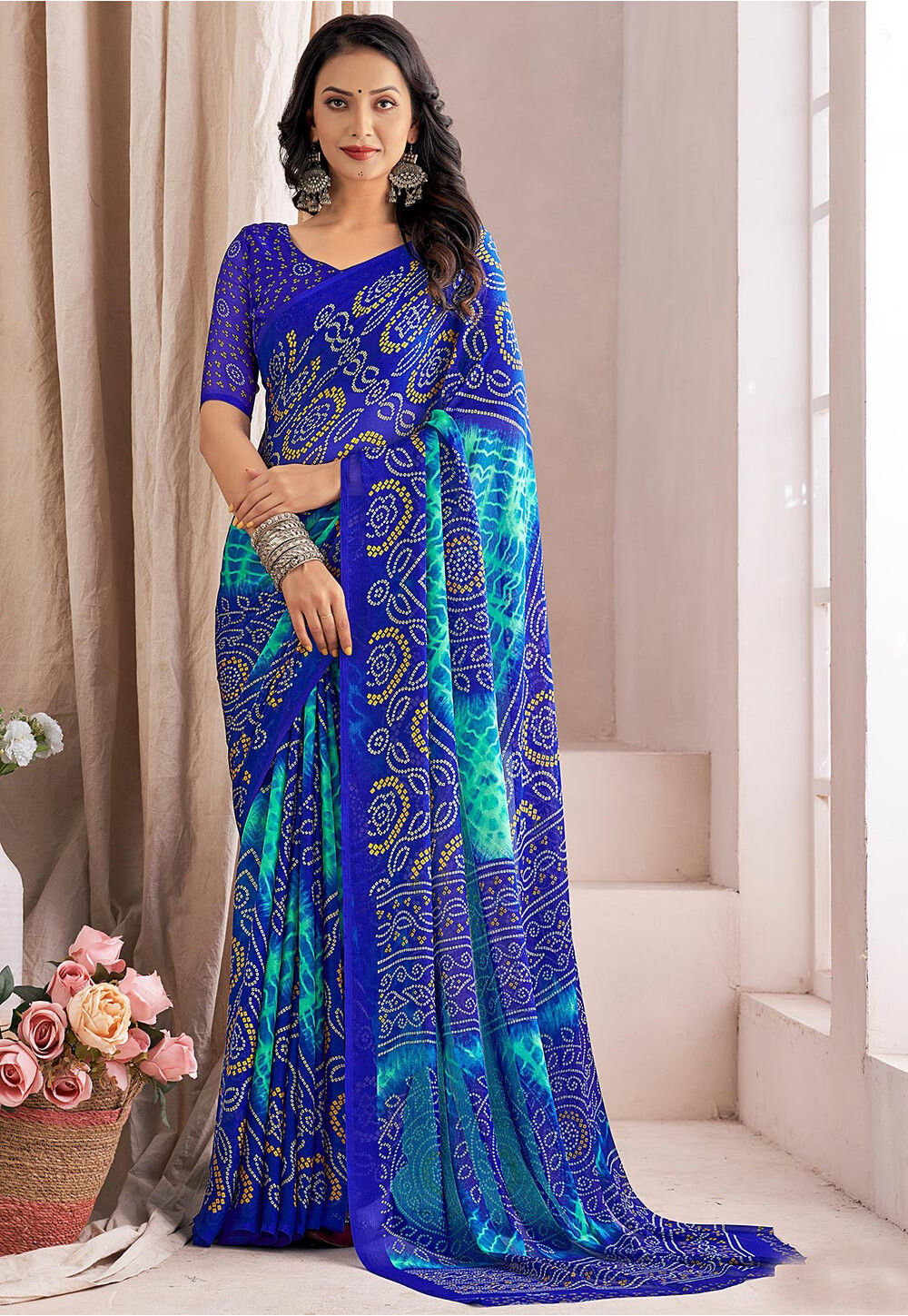 Bandhej Printed Chiffon Saree in Blue : SSF23325