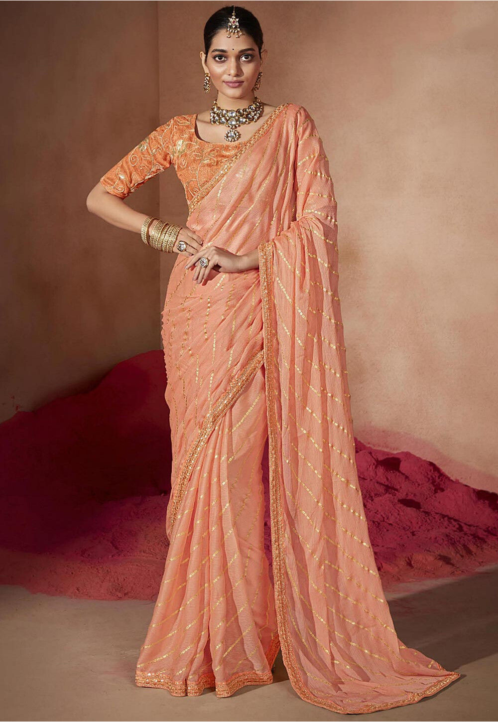 Buy Bandhej Printed Chiffon Saree in Peach Online SEW14550 Utsav Fashion