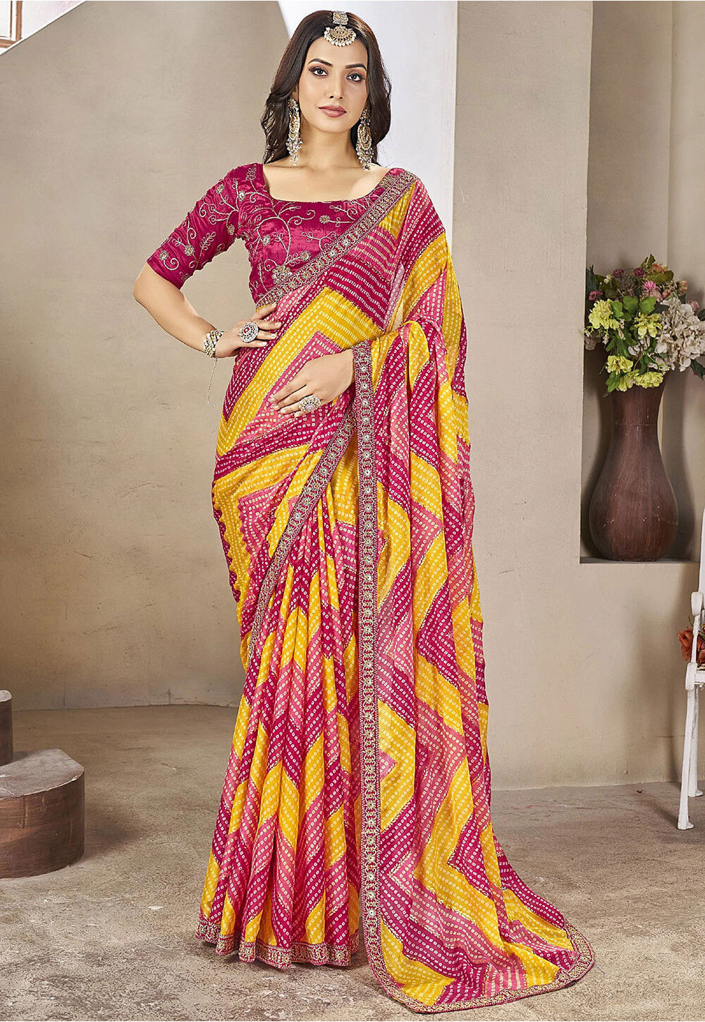 Pink Jaipuri Tie & Dye Bandhej Printed Traditional Chiffon Saree main image 0