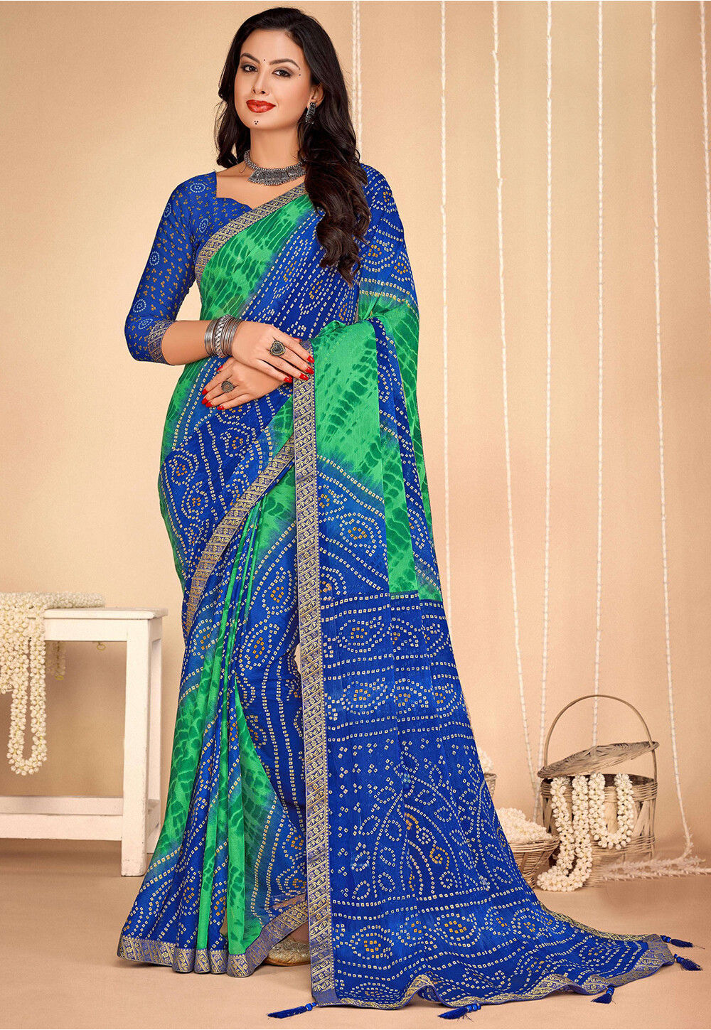 Bandhej Printed Chiffon Saree in Royal Blue and Green : SSF23143