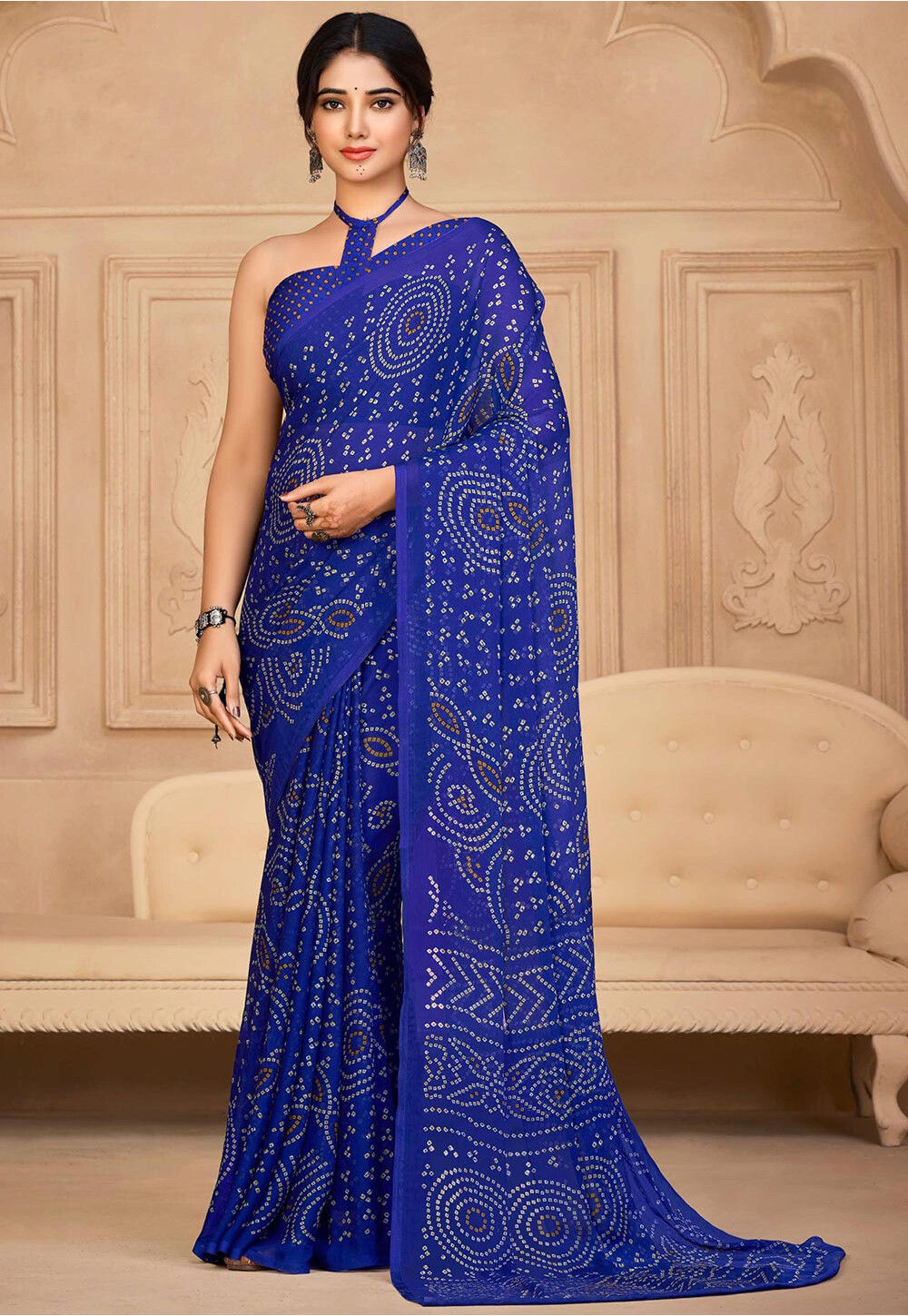 Bandhej printed Chiffon Saree in Royal Blue