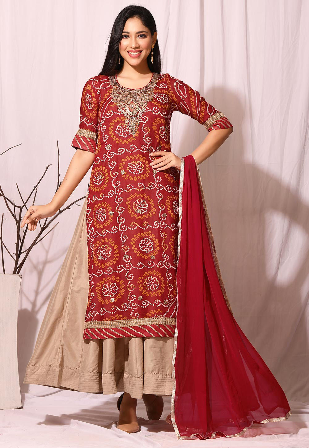 Bandhej Printed Chinon Crepe Abaya Style Suit in Red and Beige Red