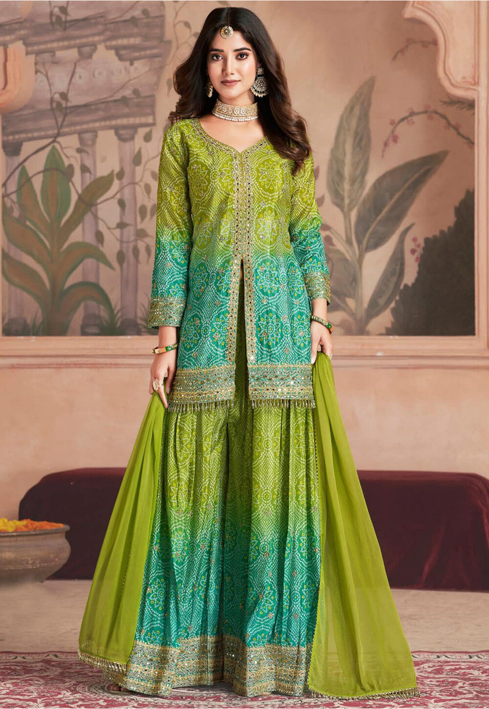 Light Green Chinon Silk Plazo With Kameez & Dupatta For Indian & Pakistani Wedding Festival - Thread Sequence Work