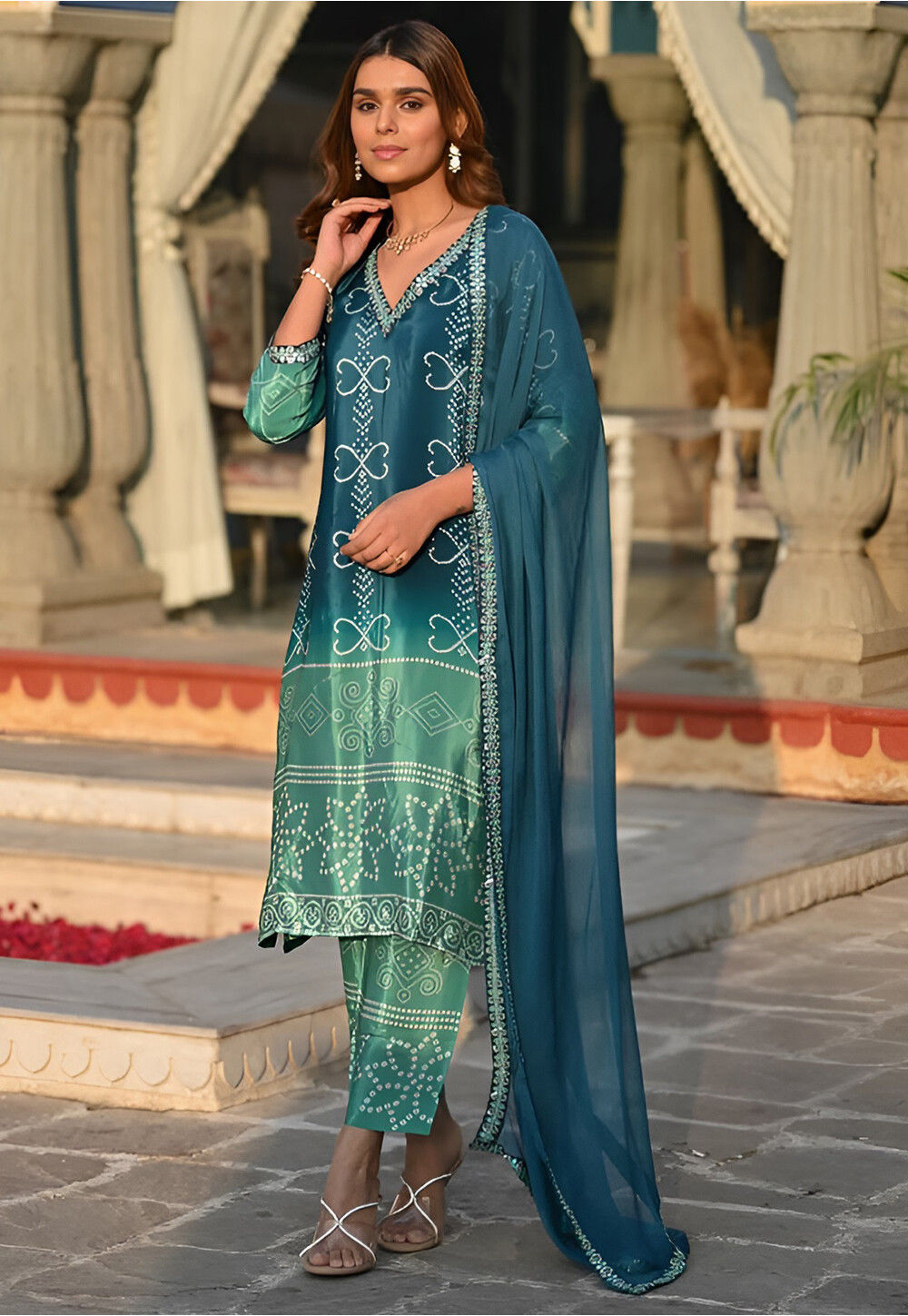 Teal Chinon Silk Plazo Suit With Kameez & Dupatta For Indian & Pakistani Wedding Festival - Stone With Dori & Thread Embroidery Work main image 1
