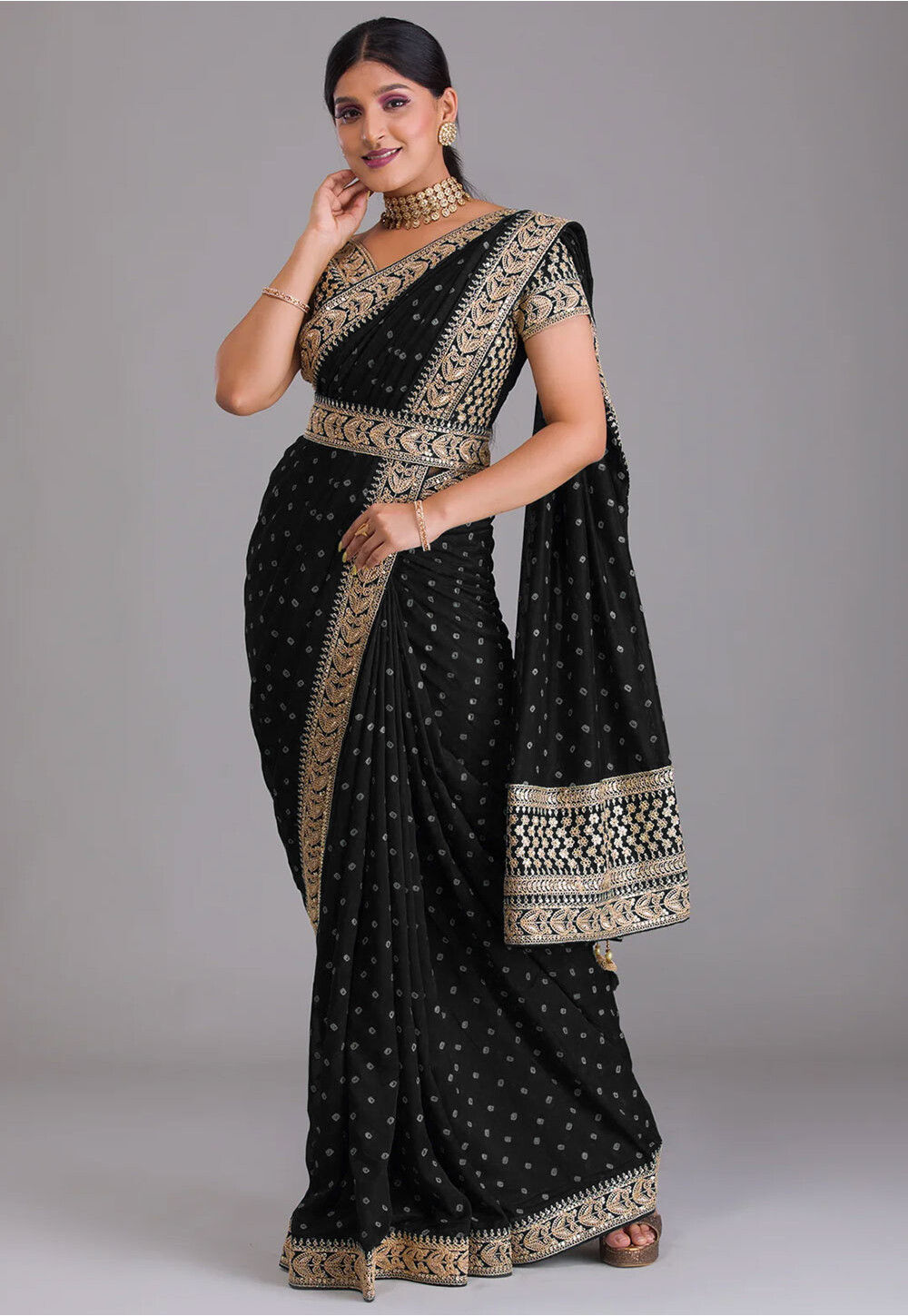 Shop Solid Black Silk Designer Saree Blouse with Dori Ties and