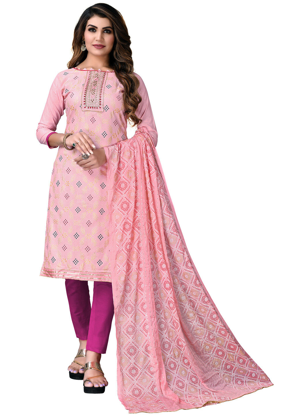 Bandhej Printed Cotton Pakistani Suit in Light Pink : KYE2030