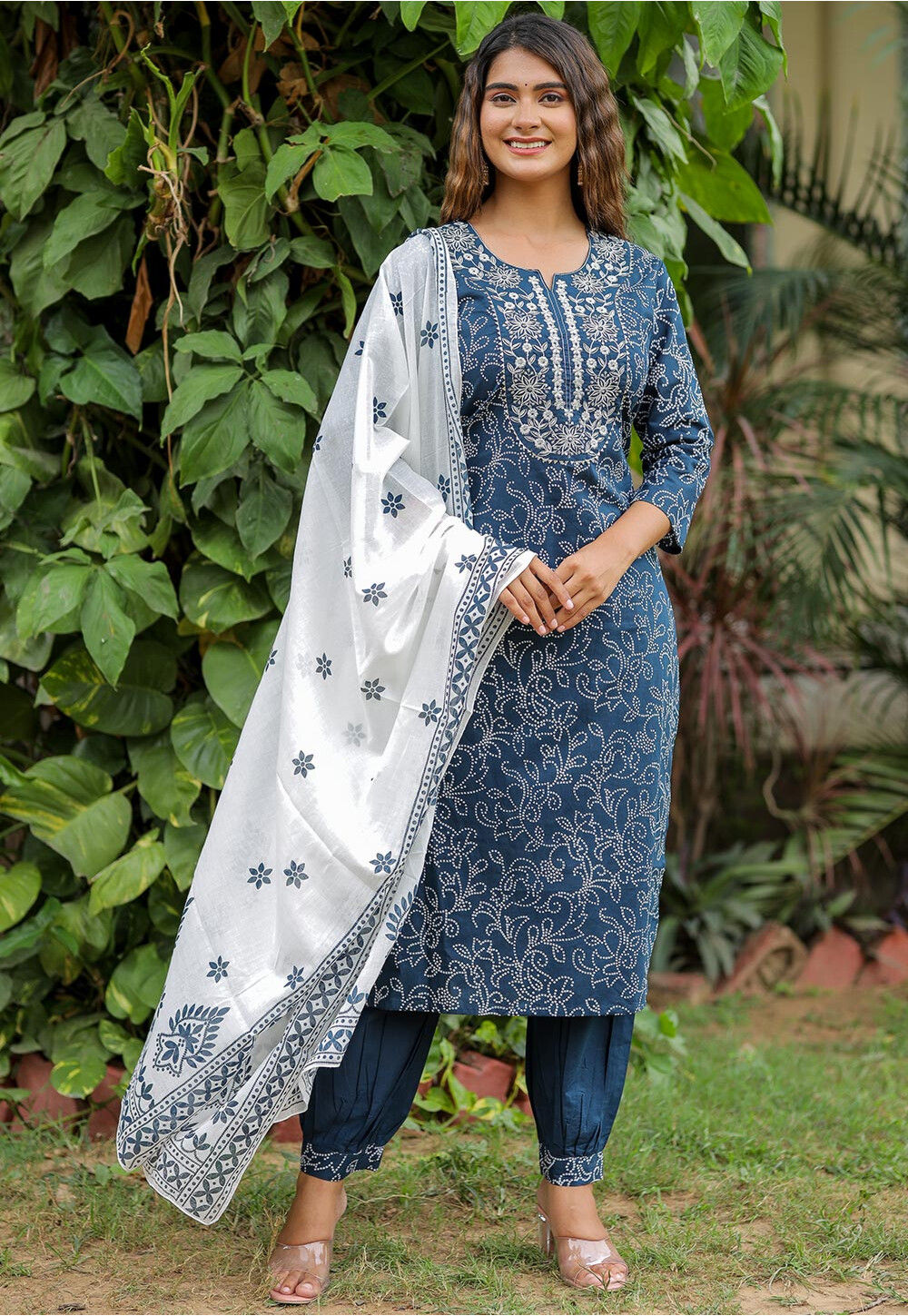 Buy Bandhej Printed Cotton Punjabi Suit in Navy Blue Online