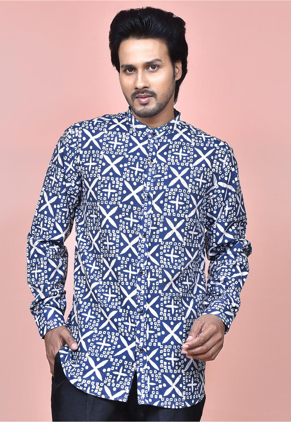 Bandhej Printed Cotton Silk Shirt in Navy Blue MTX2834