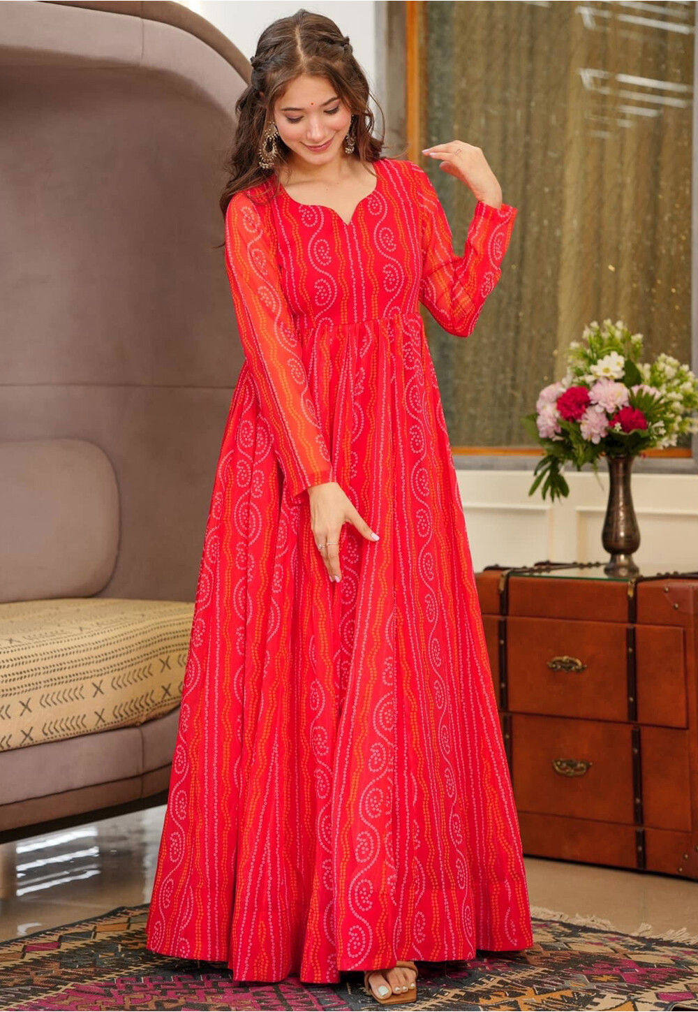 UtsavFashion Bandhej Printed Georgette Gown in Red