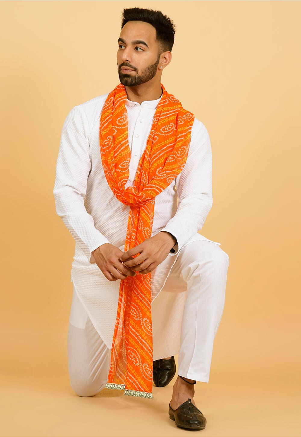 Dhoti Kurta Kurta Pajama Bhagwa Colour Buy Bandhej Printed