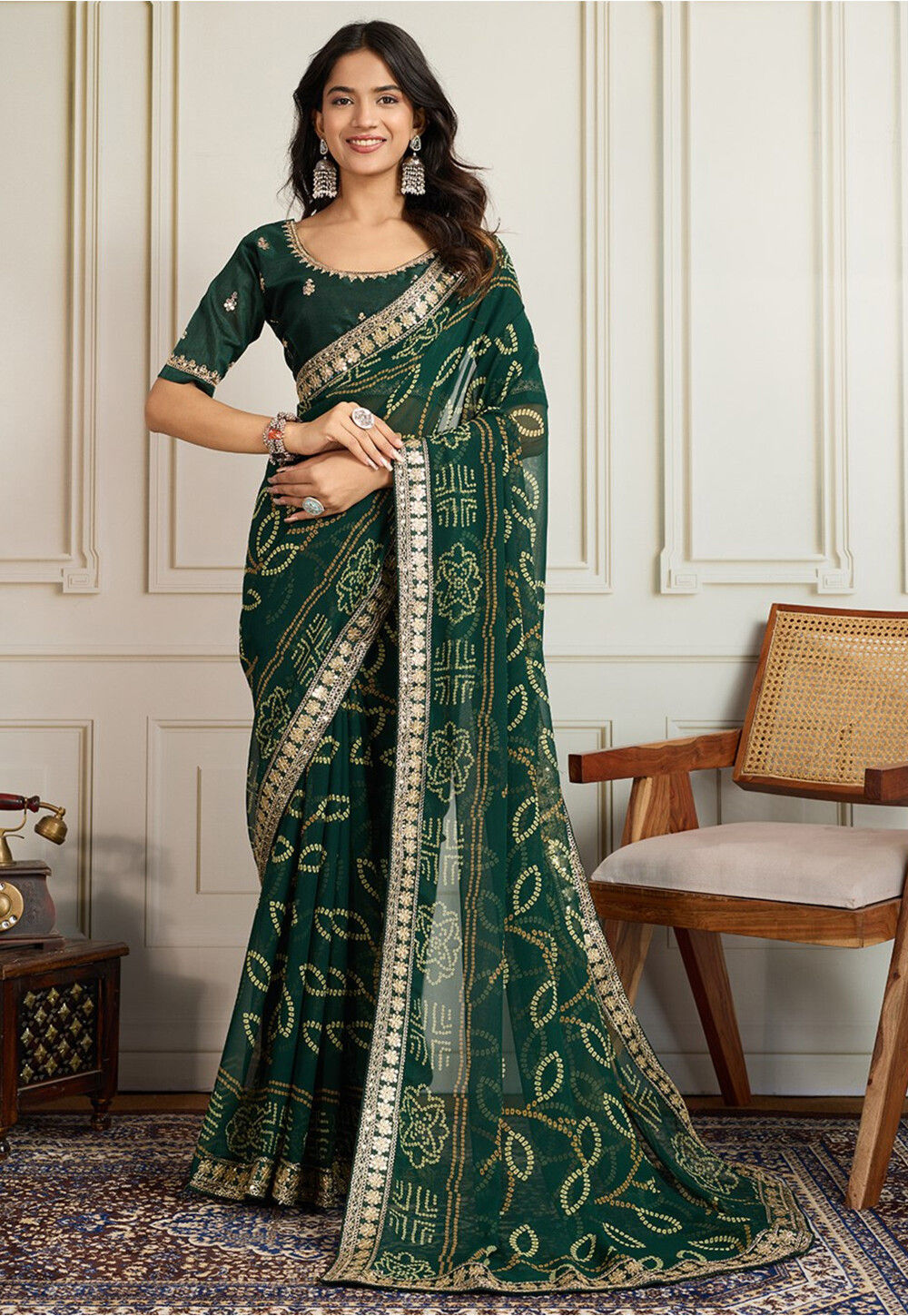 Rama Green Summer Special Pure Georgette Bandhej Print With Inner Long sleeve Top main image 1