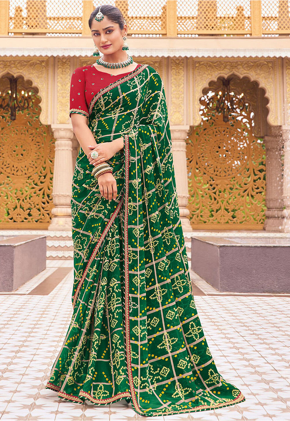 Women Green pure_cotton Printed Bandhej Ehtnic Saree