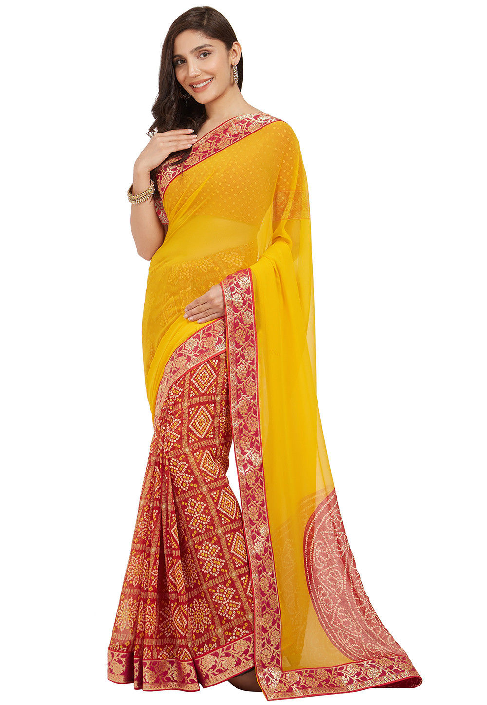 Bandhej Printed Georgette Saree in Yellow and Red : SJRA667