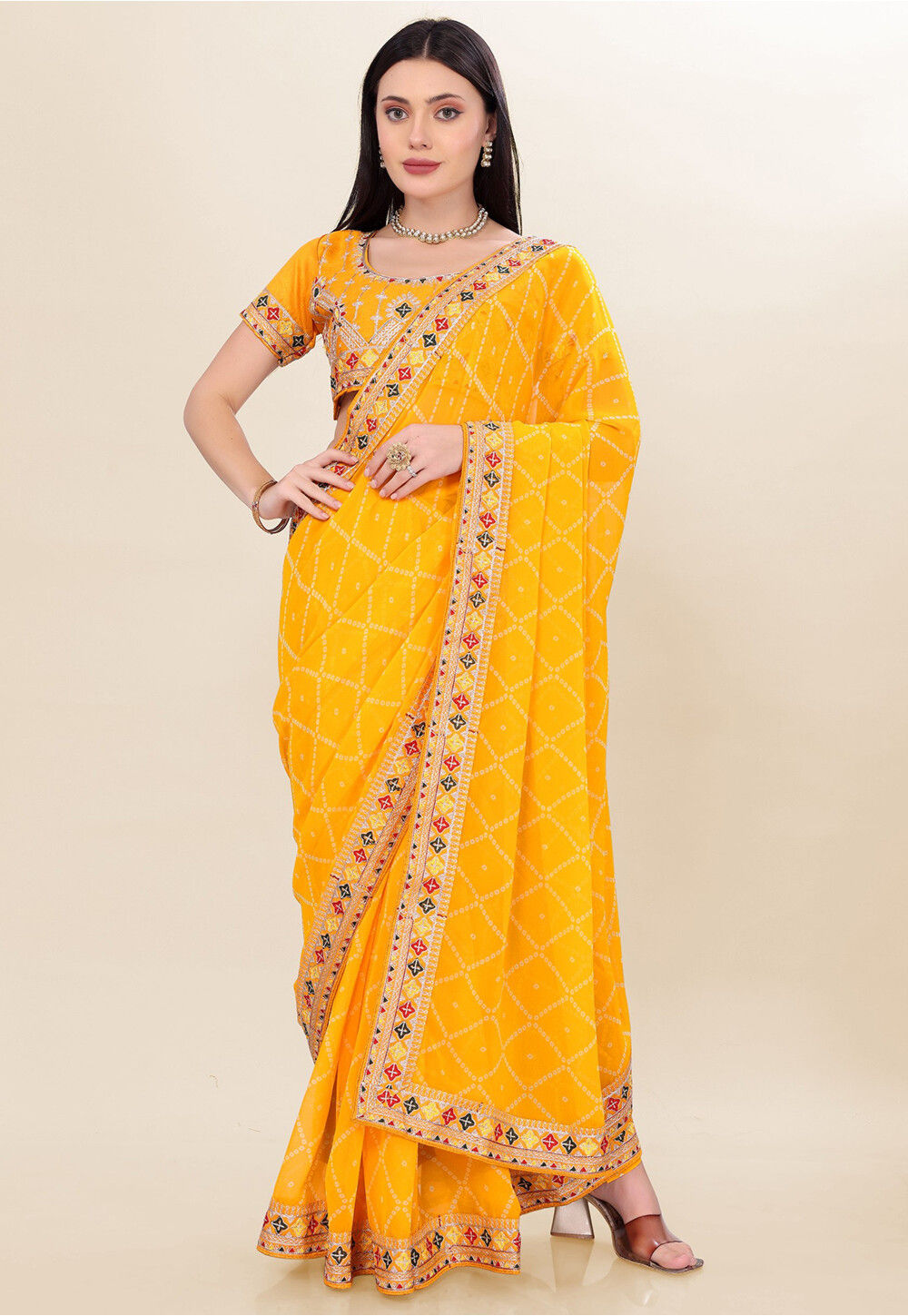 Bandhej Printed Georgette Saree With Blouse Piece