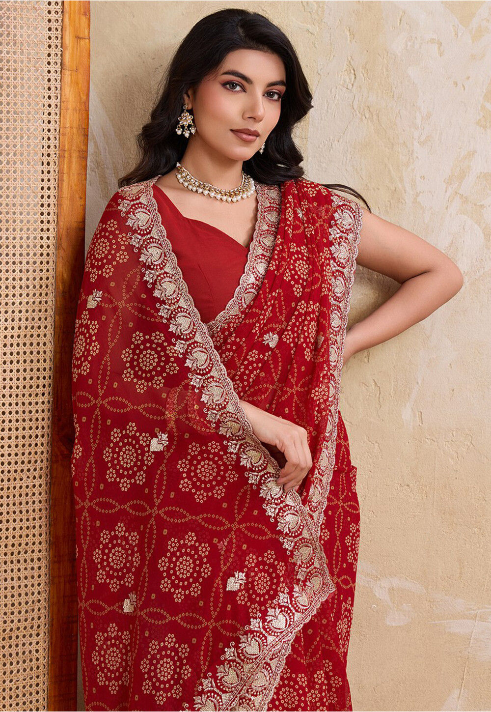 Buy Bandhej Printed Georgette Scalloped Saree in Red Online : SACA86 ...