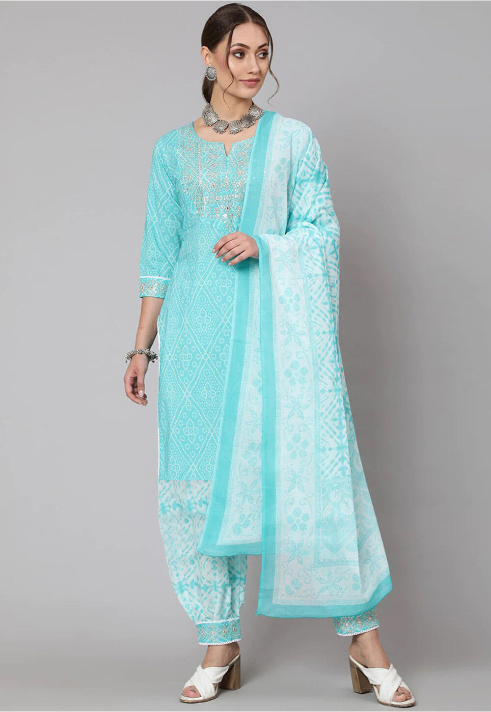 UtsavFashion Bandhej Printed Pure Cotton Punjabi Suit in Turquoise