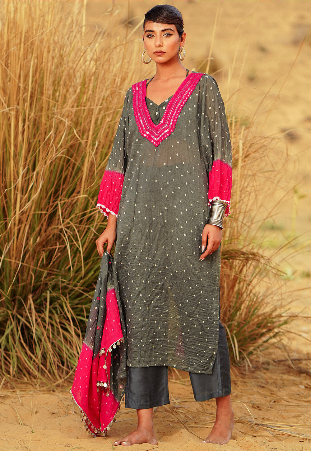 Blue Bandhej Gota Straight Kurta Set