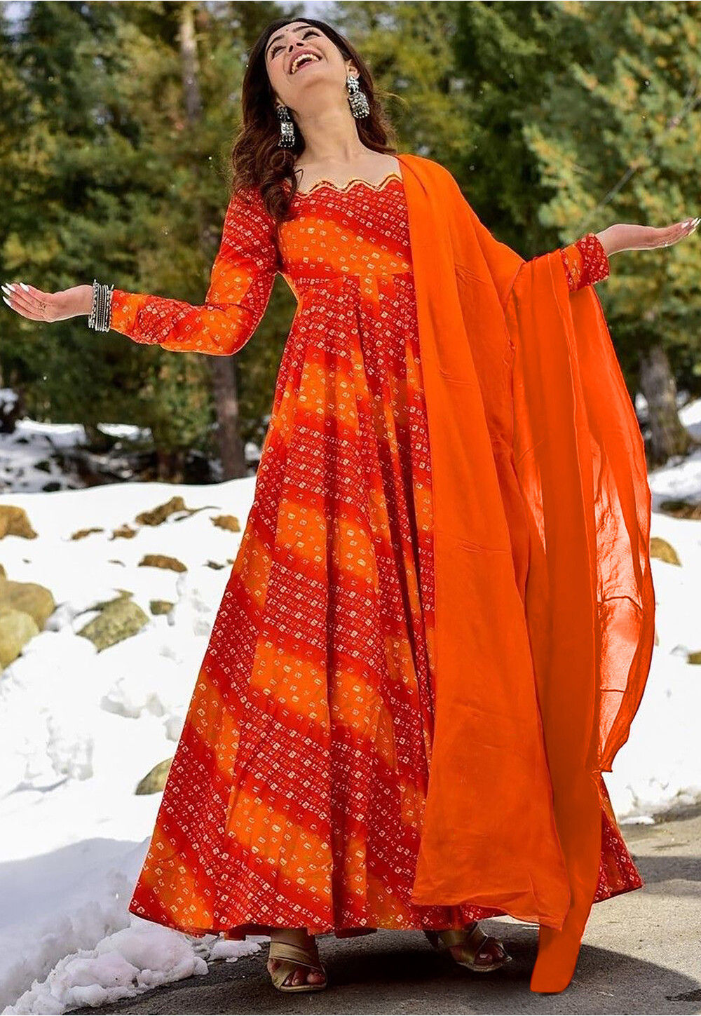 Bandhej Printed Rayon Abaya Style Suit in Orange and Maroon Red