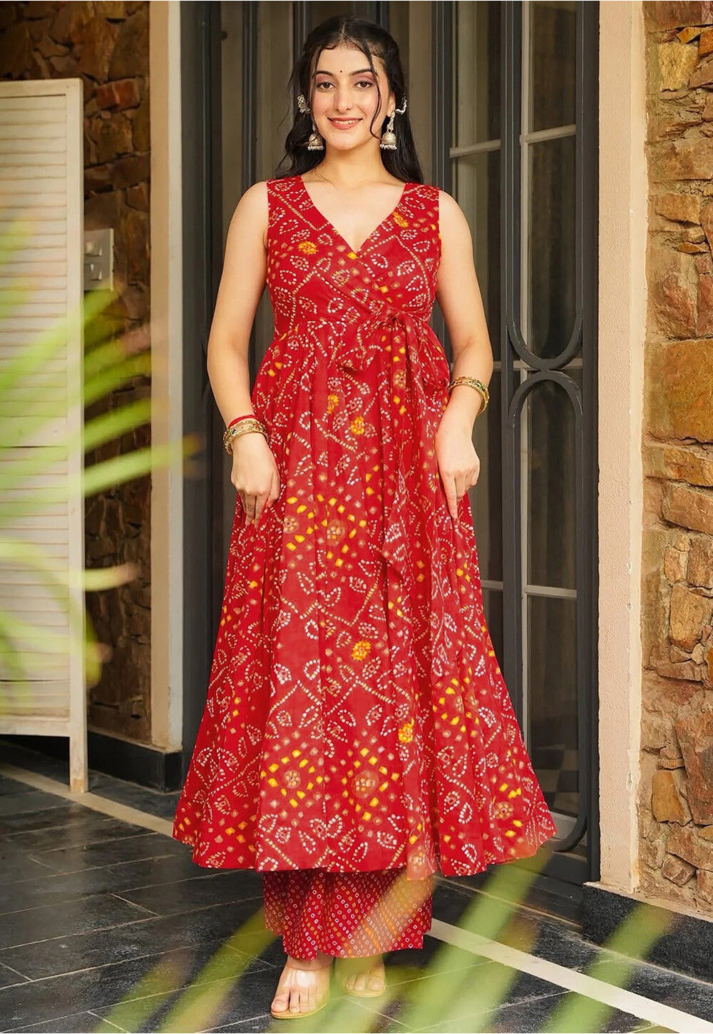 Gangori Bandhej Mehndi Kurta Set main image 1