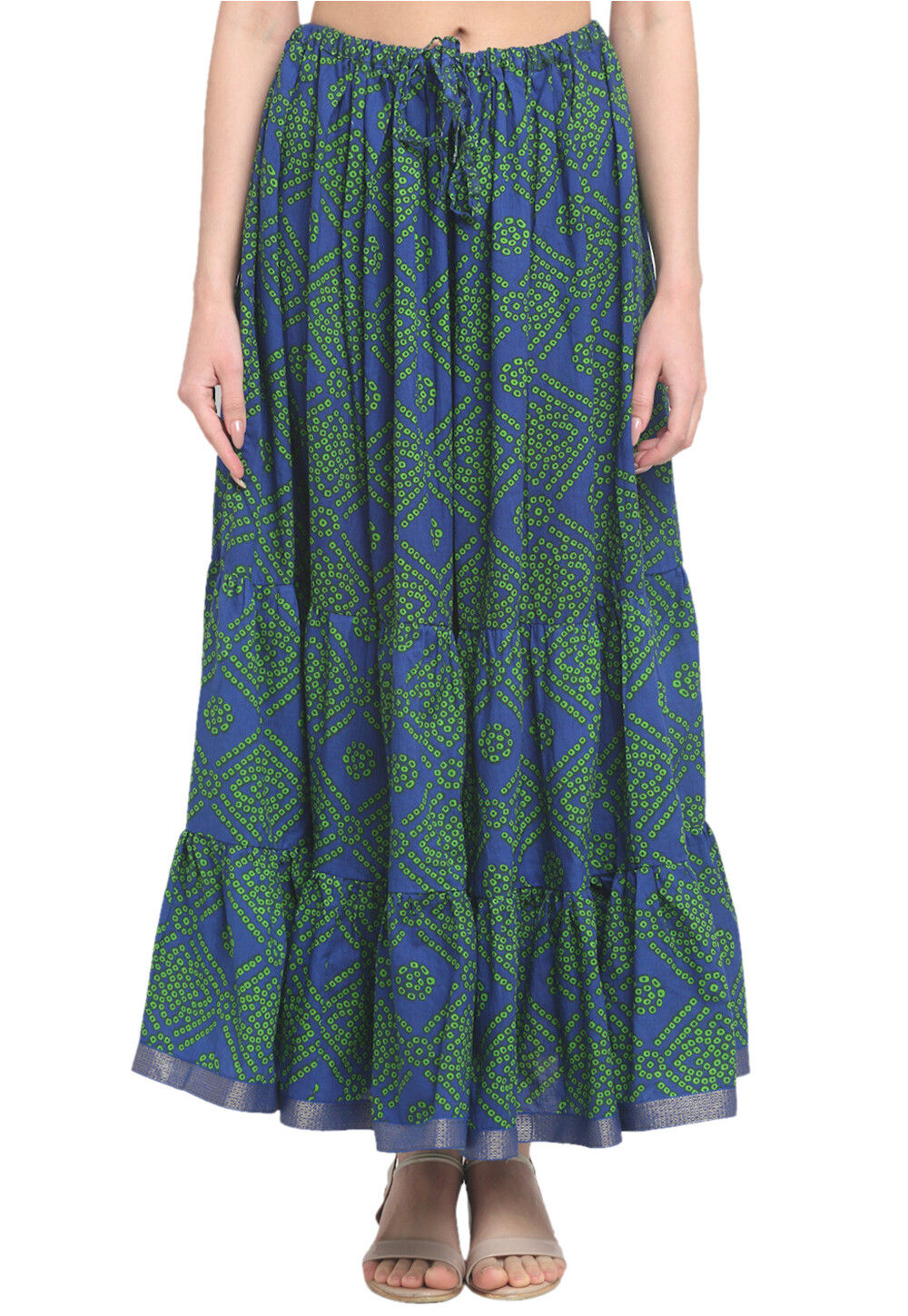 Bandhej Pure Cotton Tiered Skirt in Navy Blue : BRJ807