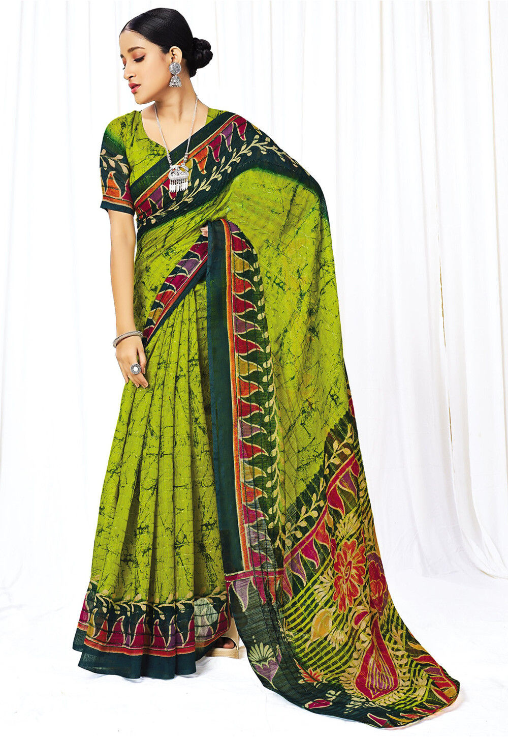 Batik Printed Chanderi Cotton Saree in Light Green : SBHA2484