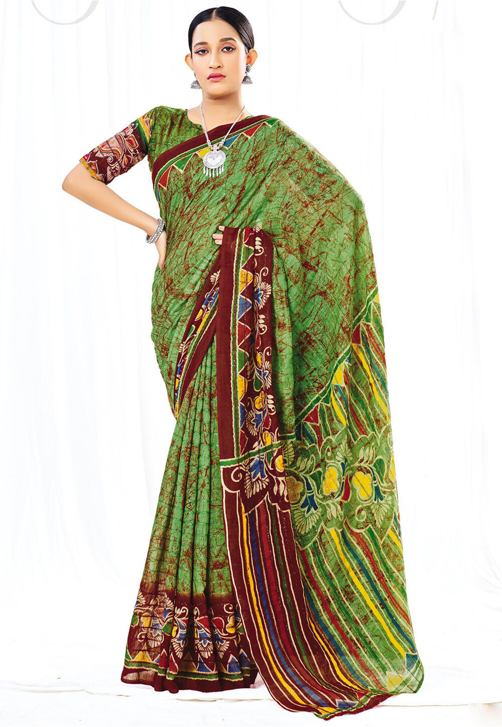 Batik Printed Chanderi Cotton Saree in Light Green : SBHA2490