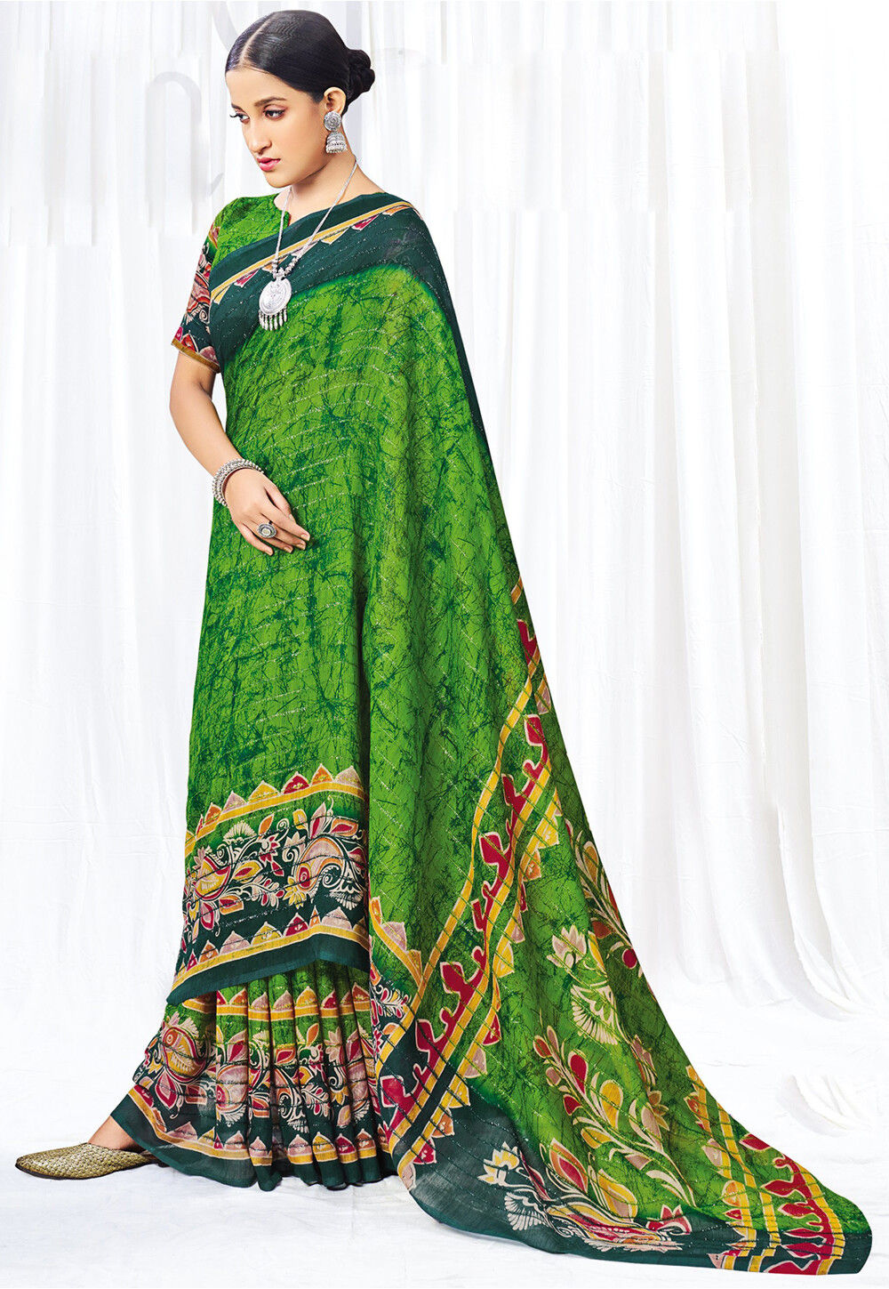 Batik Printed Chanderi Cotton Saree in Light Green : SBHA2492