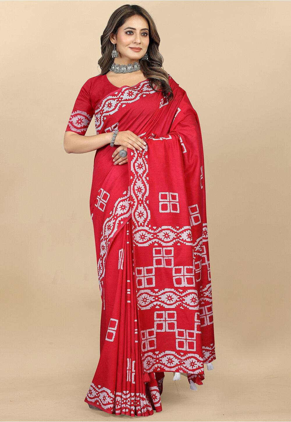 White & Red Batik Print Cotton Saree with Blouse Piece