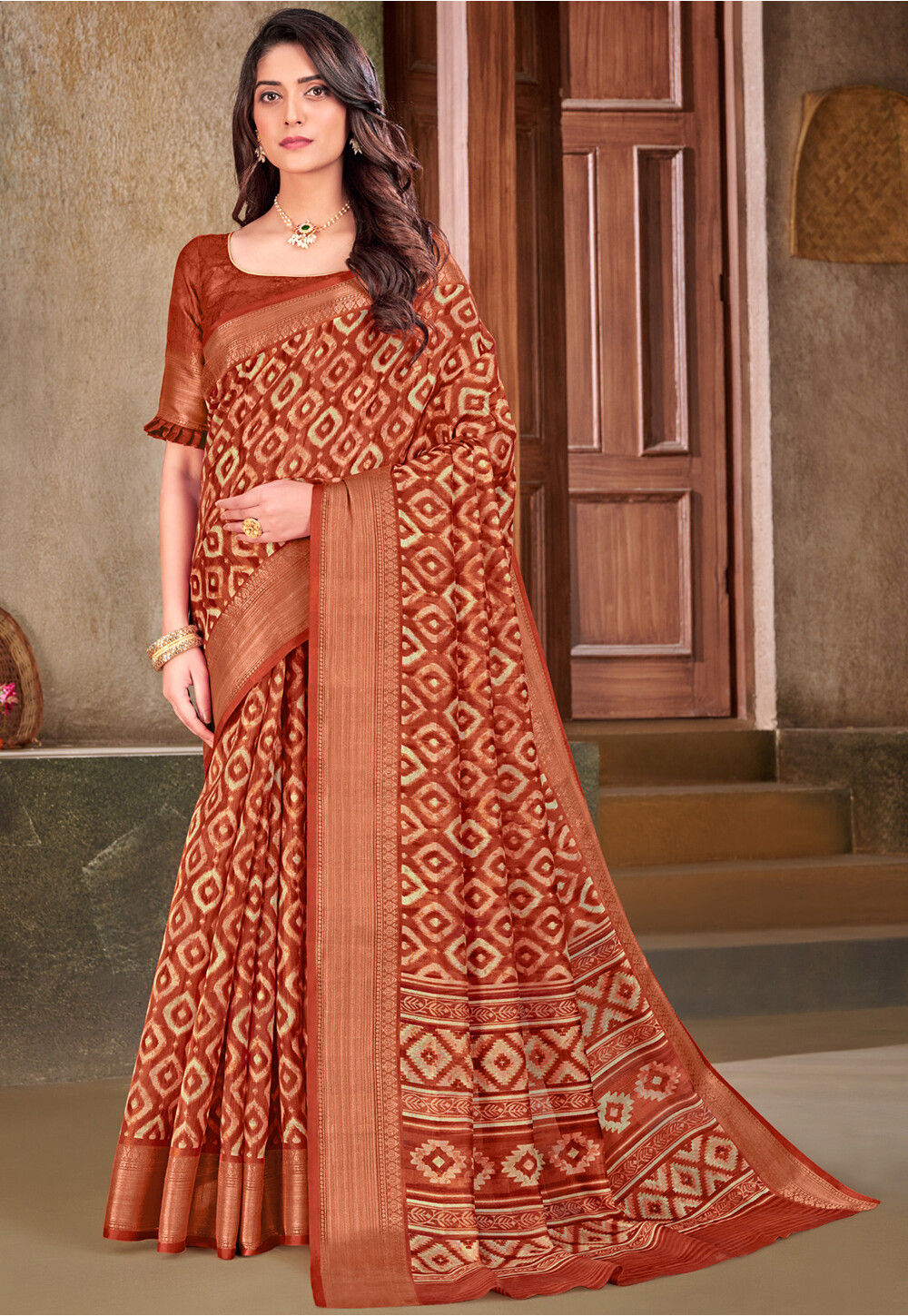 Orange woven cotton saree with blouse - Riwazo - 3904922