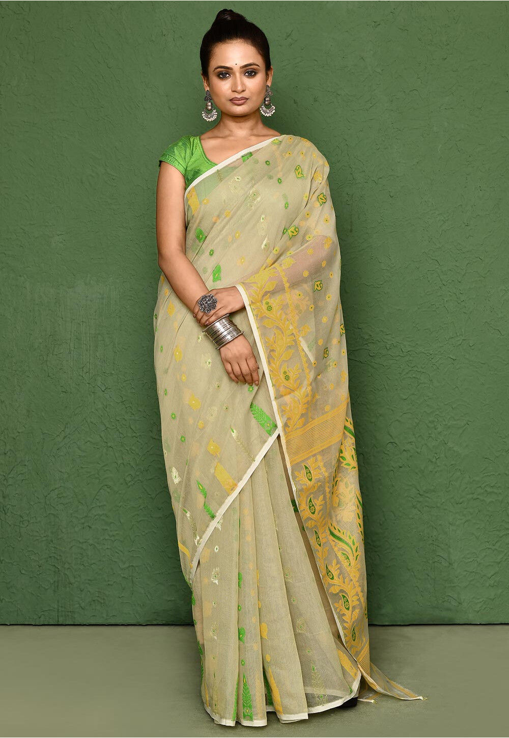 Beige Bengal Handwoven Kantha-Work Muslin Saree main image 0
