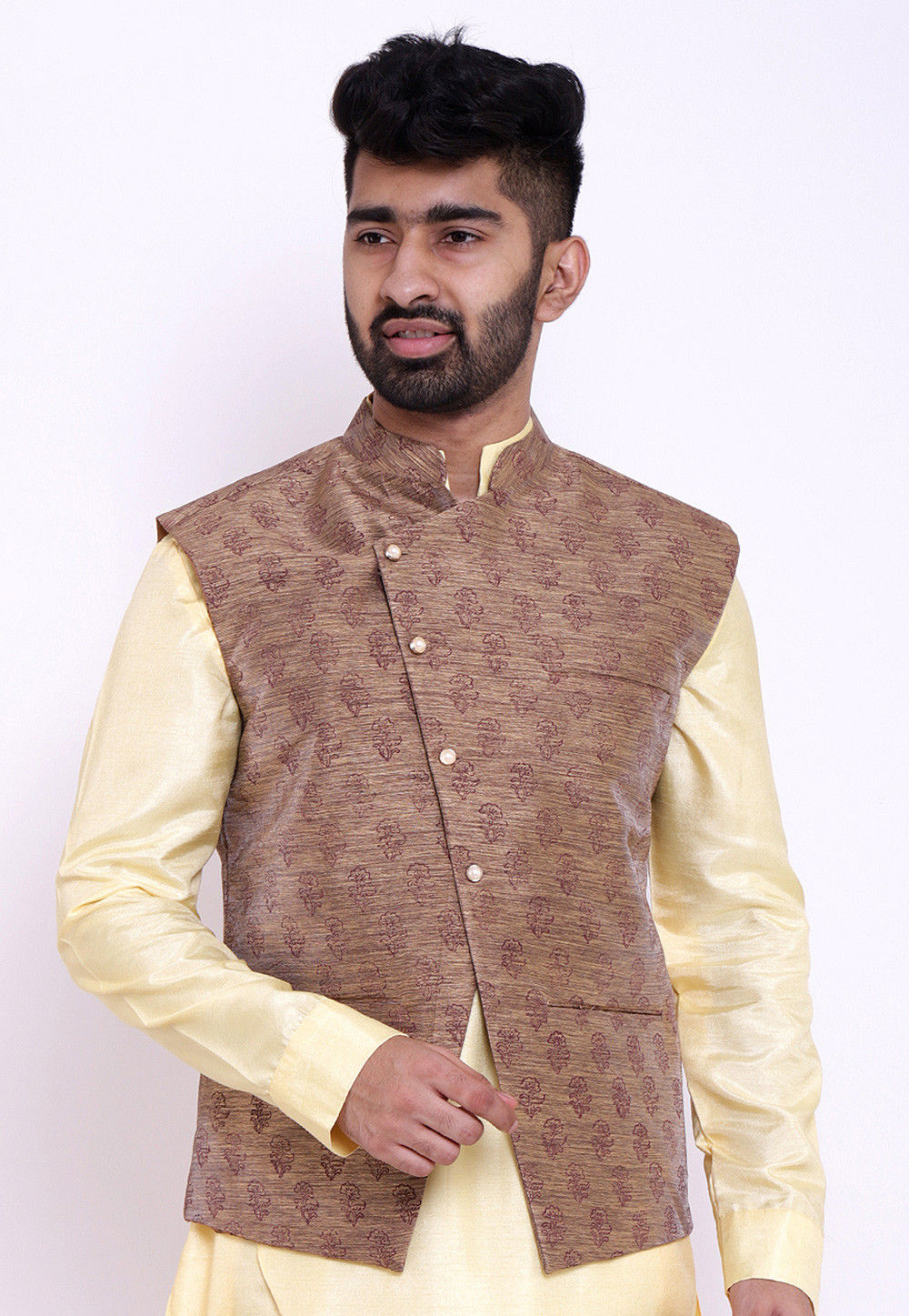 Block Printed Art Silk Asymmetric Nehru Jacket in Dark Beige : MTE44