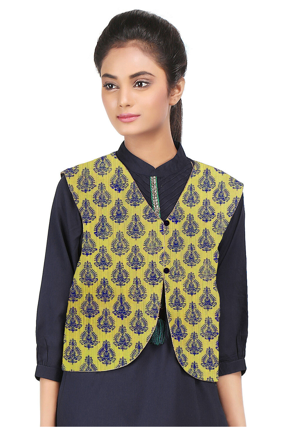 Buy Block Printed Art Silk Jacket in Yellow Online DBU867 Utsav Fashion