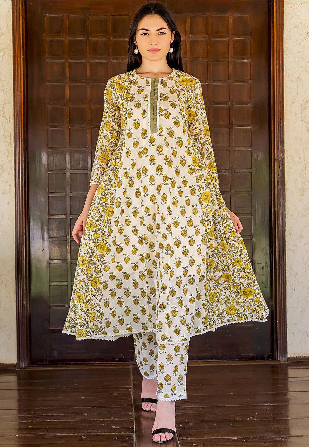 Buy Block Printed Cotton Anarkali Kurta Set in Off White Online ...
