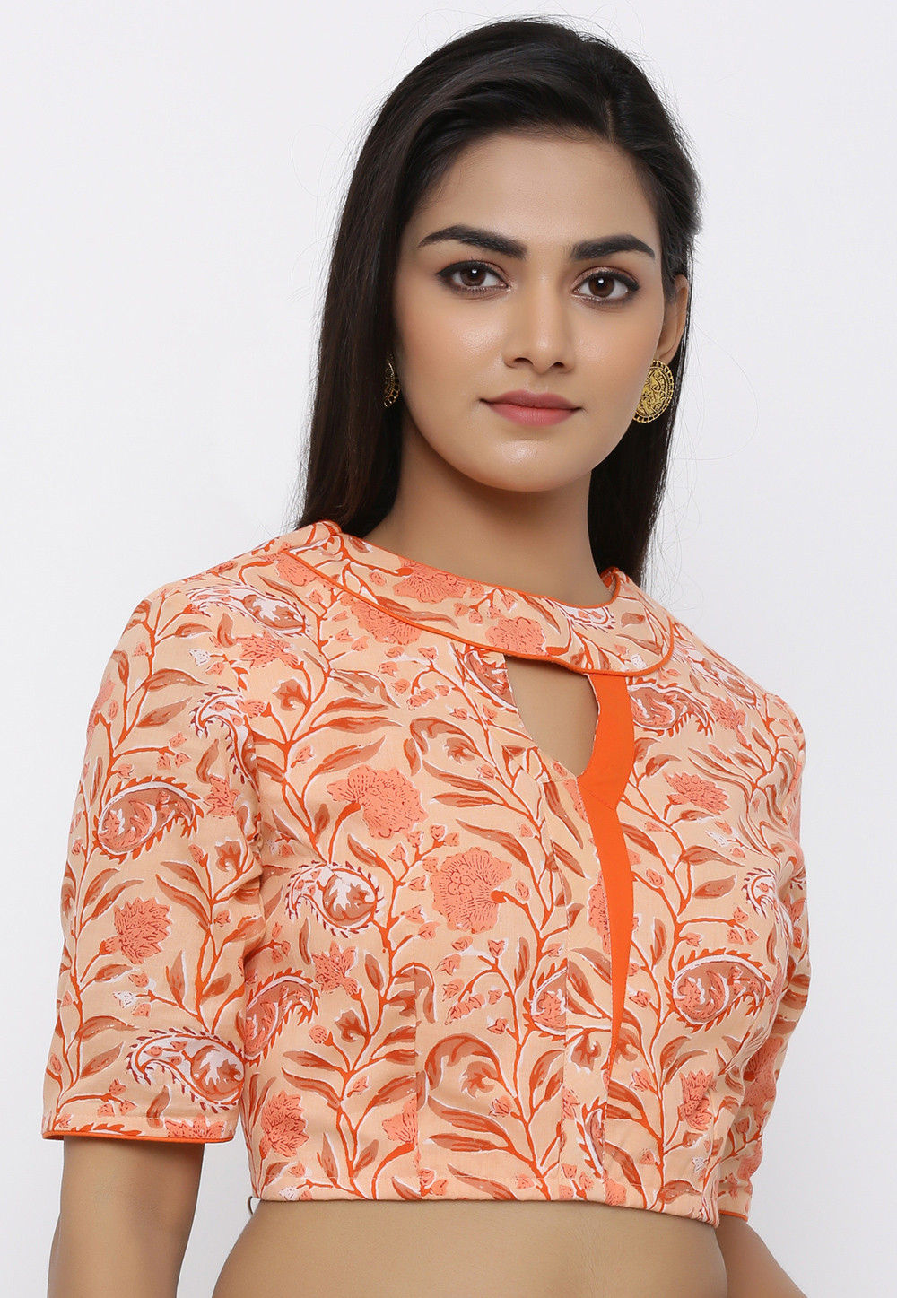 Brown - Bagh Block Printed Cotton Blouse Piece
