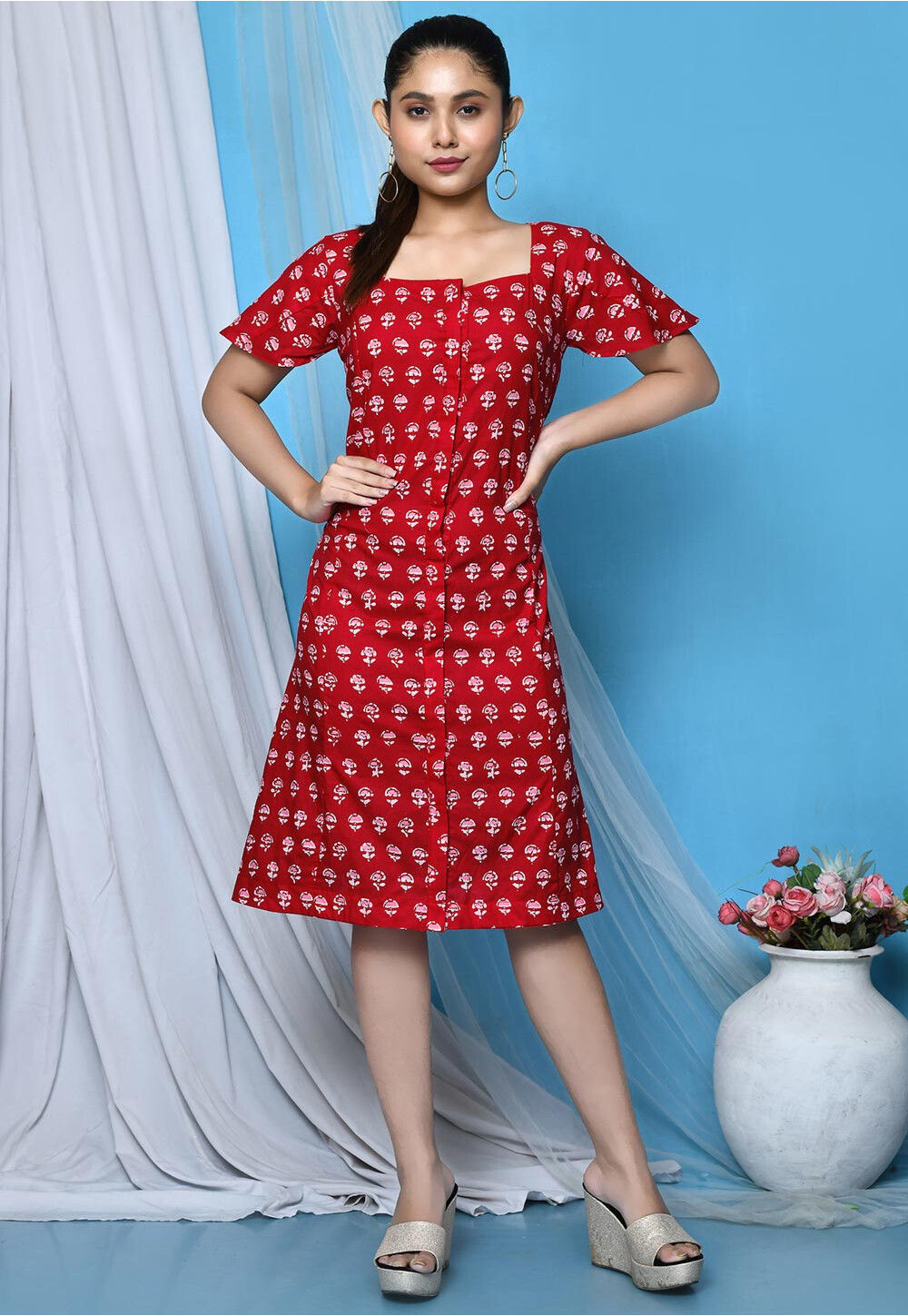 Buy Block Printed Cotton Button Down Dress in Red Online TCV107