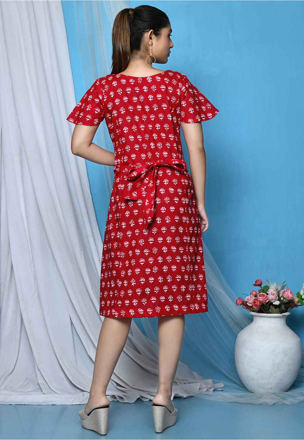 Buy Block Printed Cotton Button Down Dress in Red Online TCV107