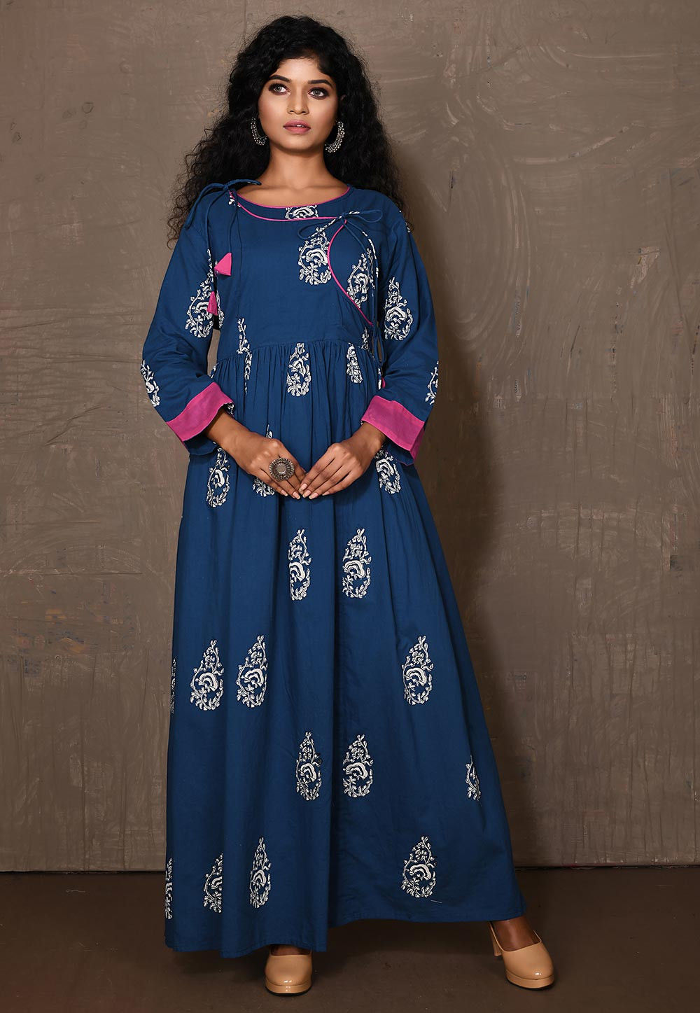 Block Printed Cotton Gown in Blue : TUF1446