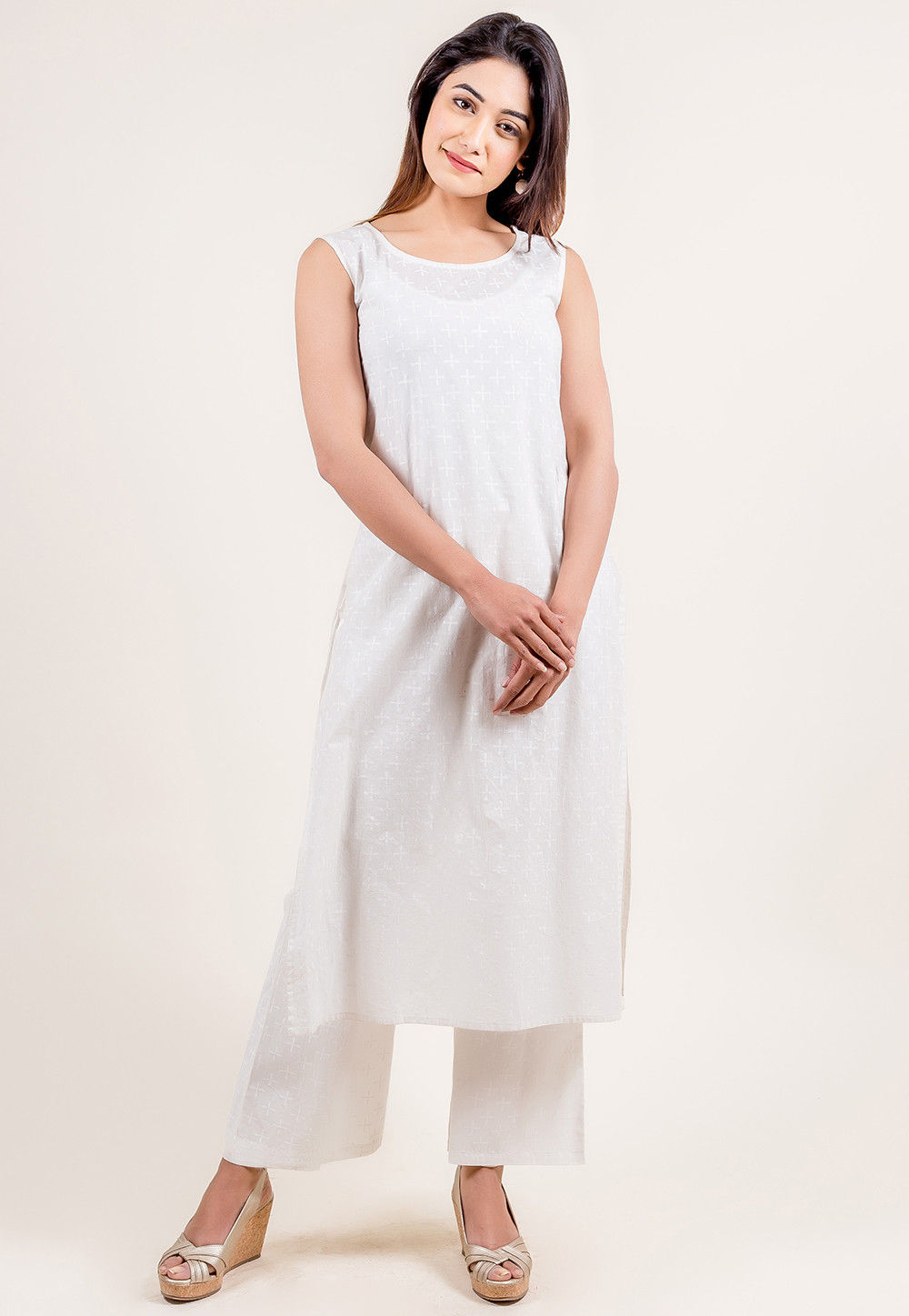 Buy Block Printed Cotton Kurta Jacket Set in White and Blue Online ...