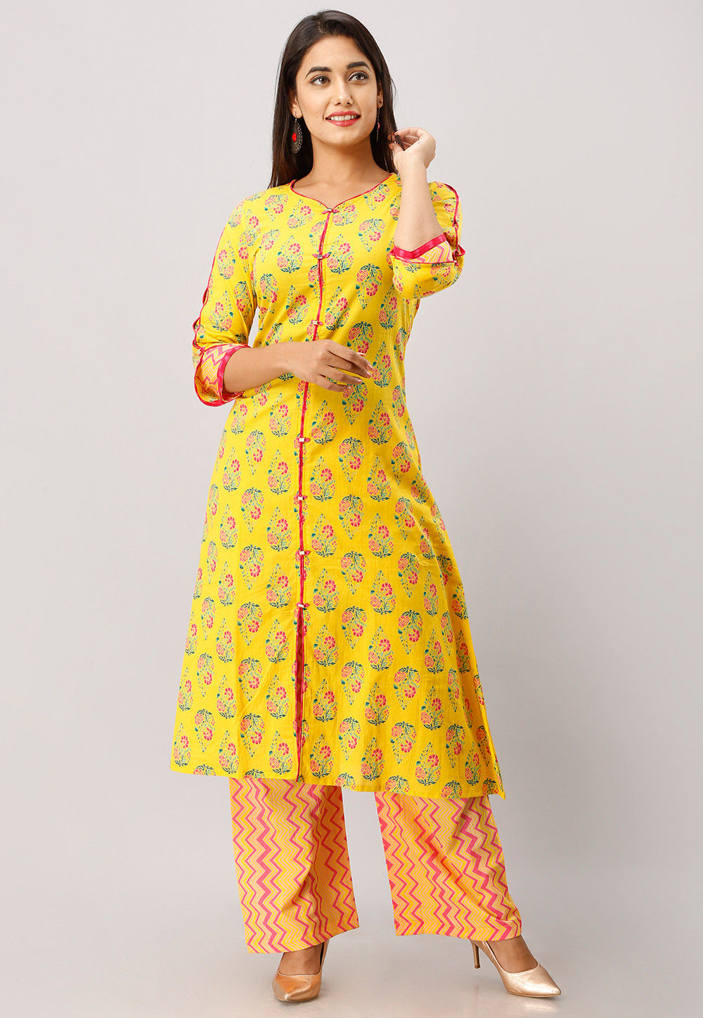 Buy Block Printed Cotton Kurta with Palazzo in Yellow Online : TUH6 ...