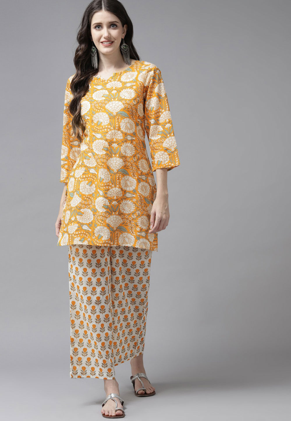 block printed cotton kurti set in yellow v1 tyb254