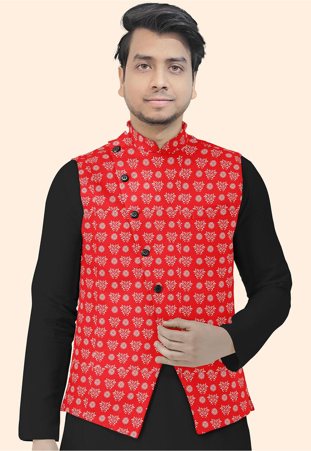 Block Printed Cotton Nehru Jacket in Red Men