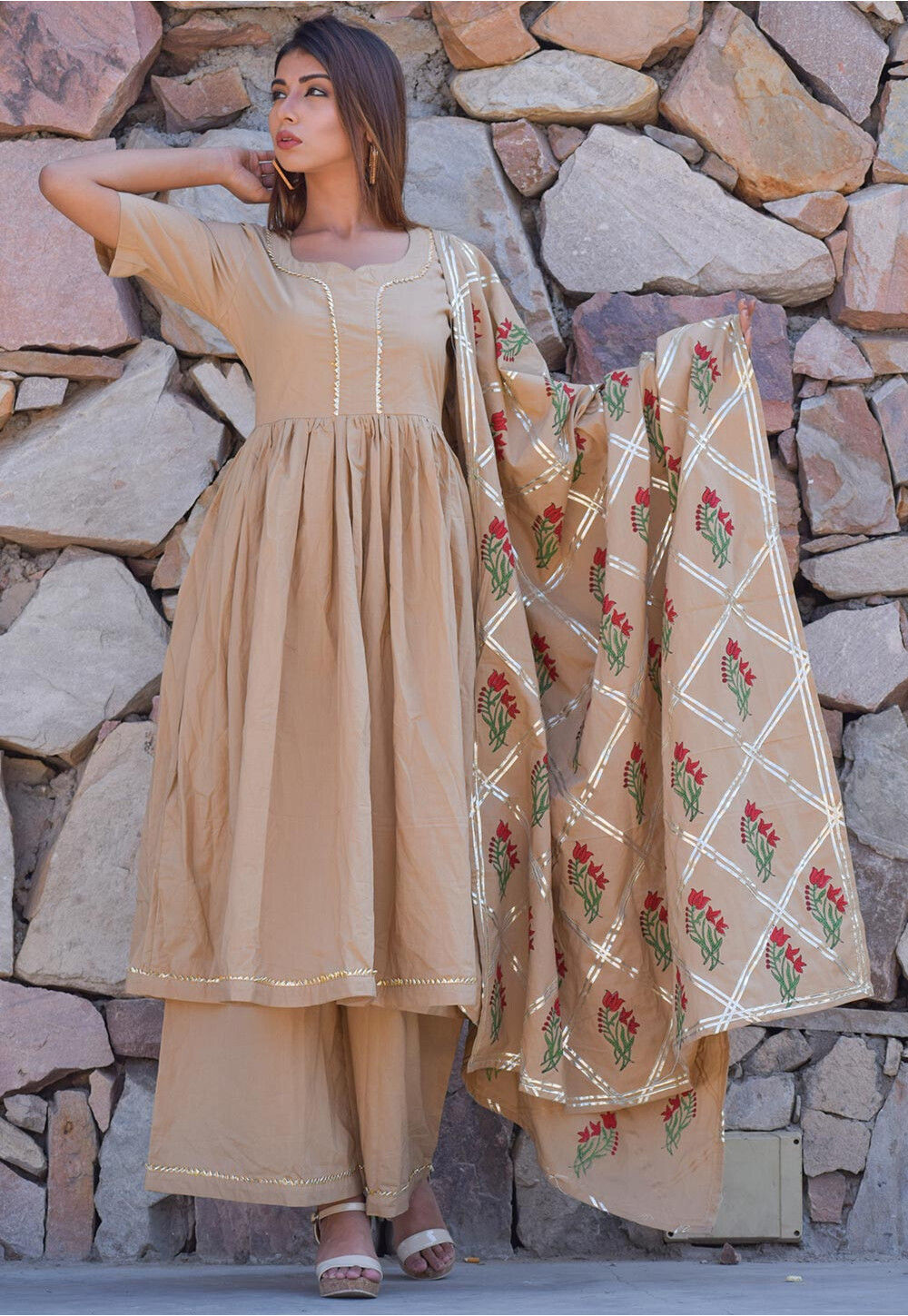 Block Printed Cotton Pakistani Suit in Beige : KAX45