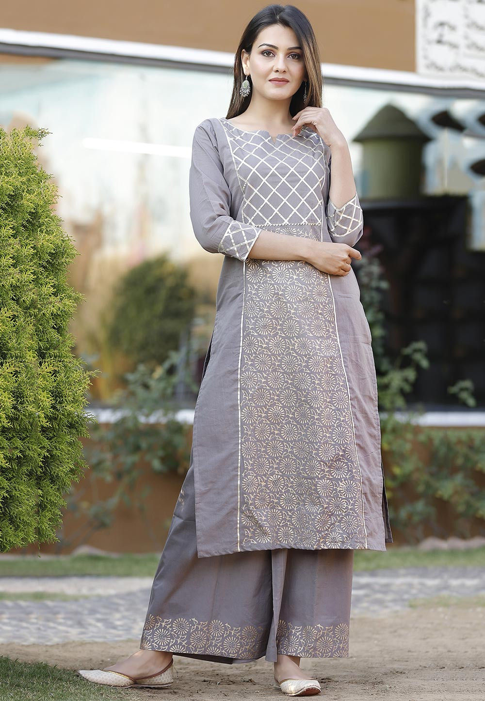 Buy Block Printed Cotton Pakistani Suit in Light Grey Online : KER34 ...
