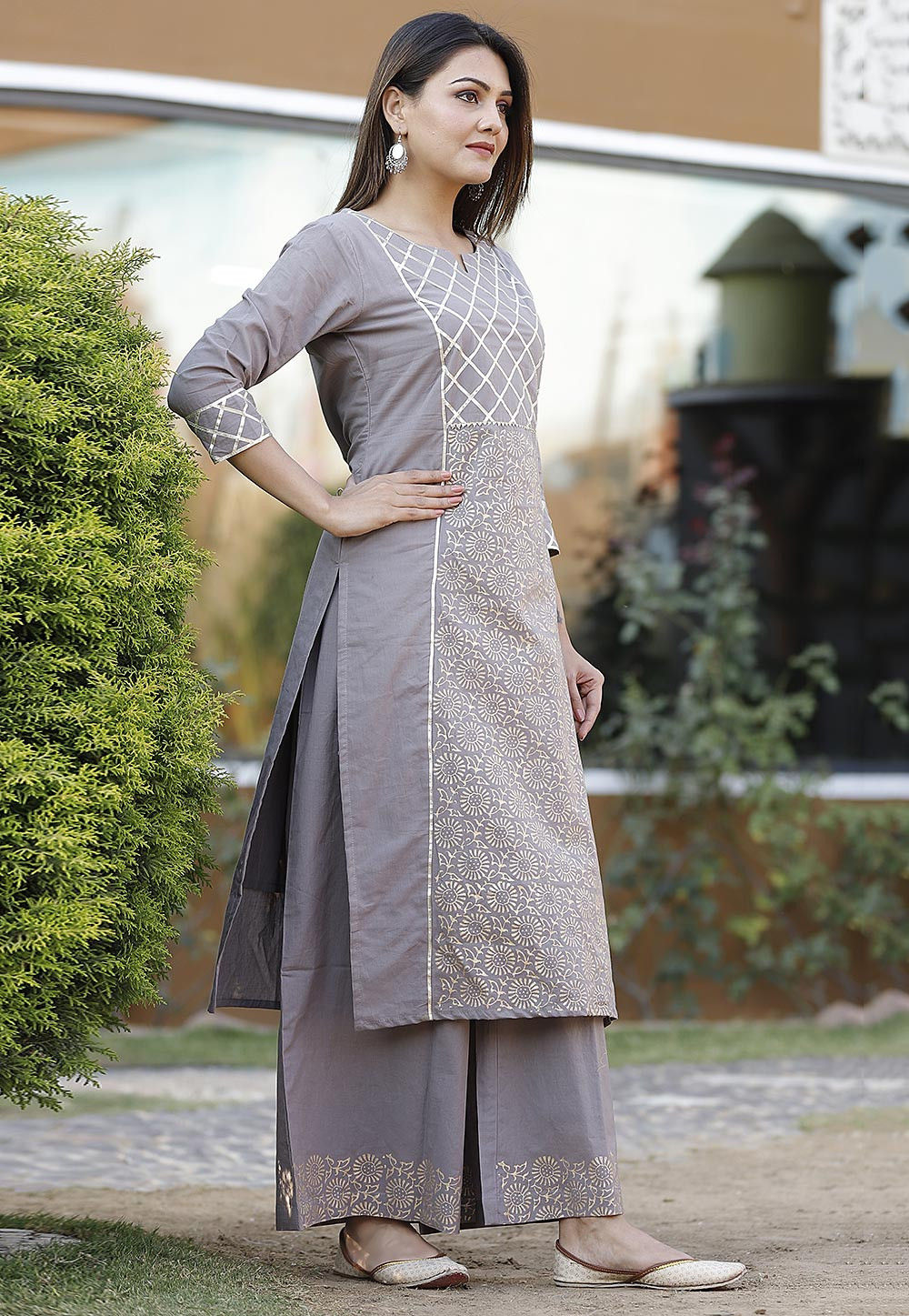 Block Printed Cotton Pakistani Suit in Light Grey : KER34
