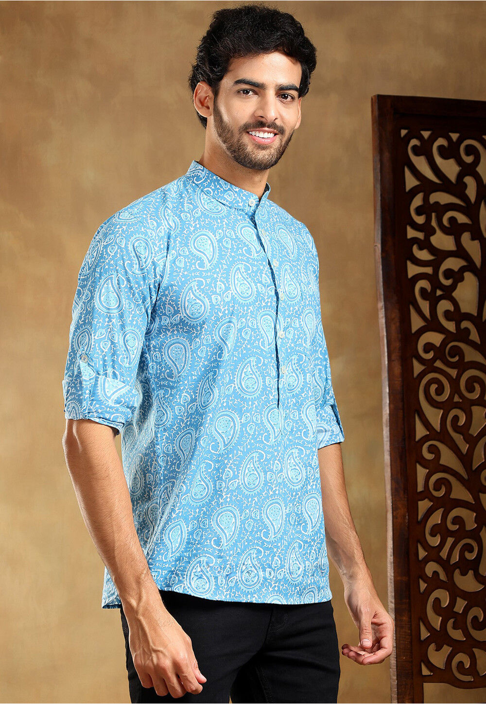 Blue - Akola Block Printing Cotton Men Full Sleeve Shirt