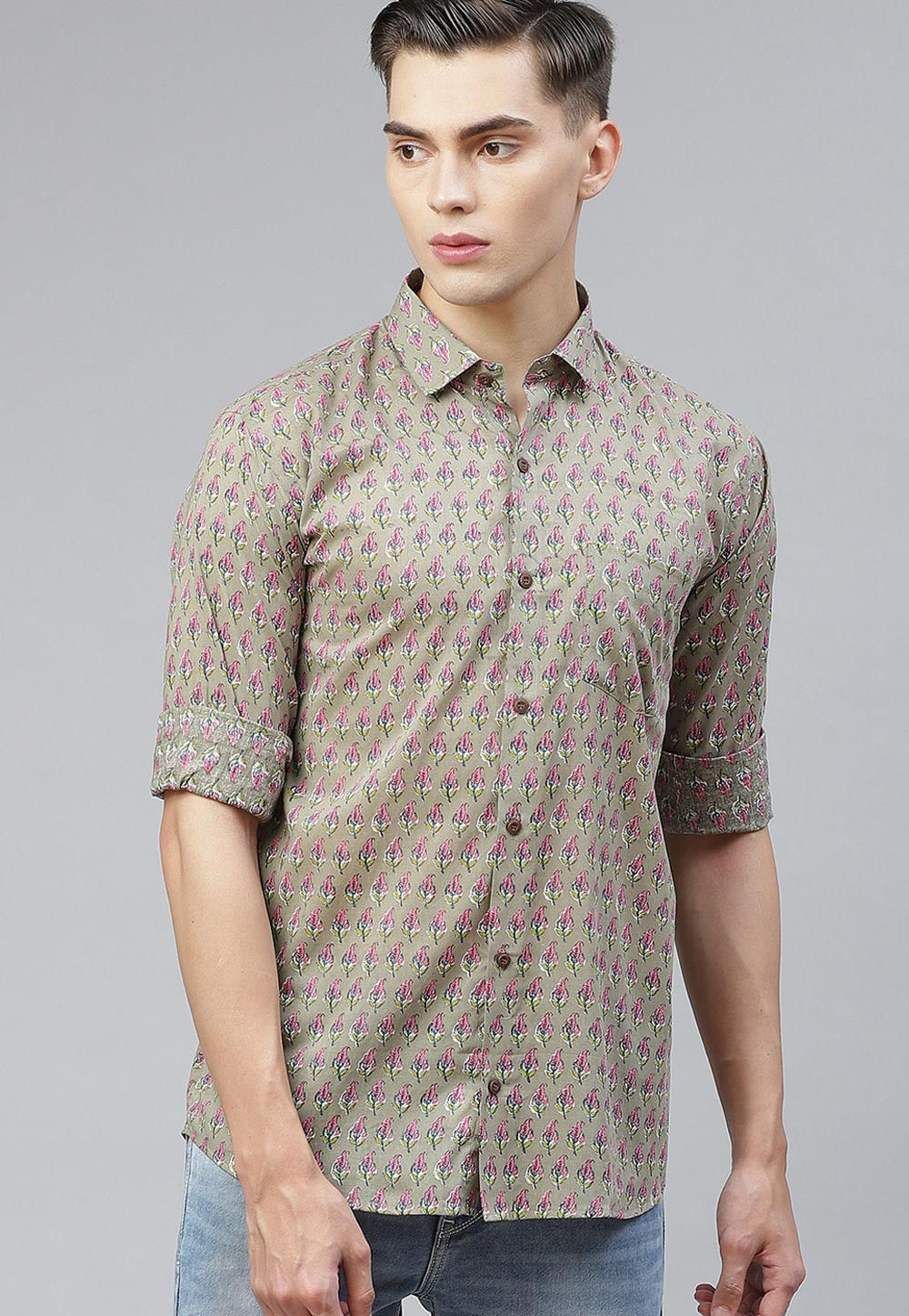 Block Printed Cotton Shirt in Fawn : MRE85