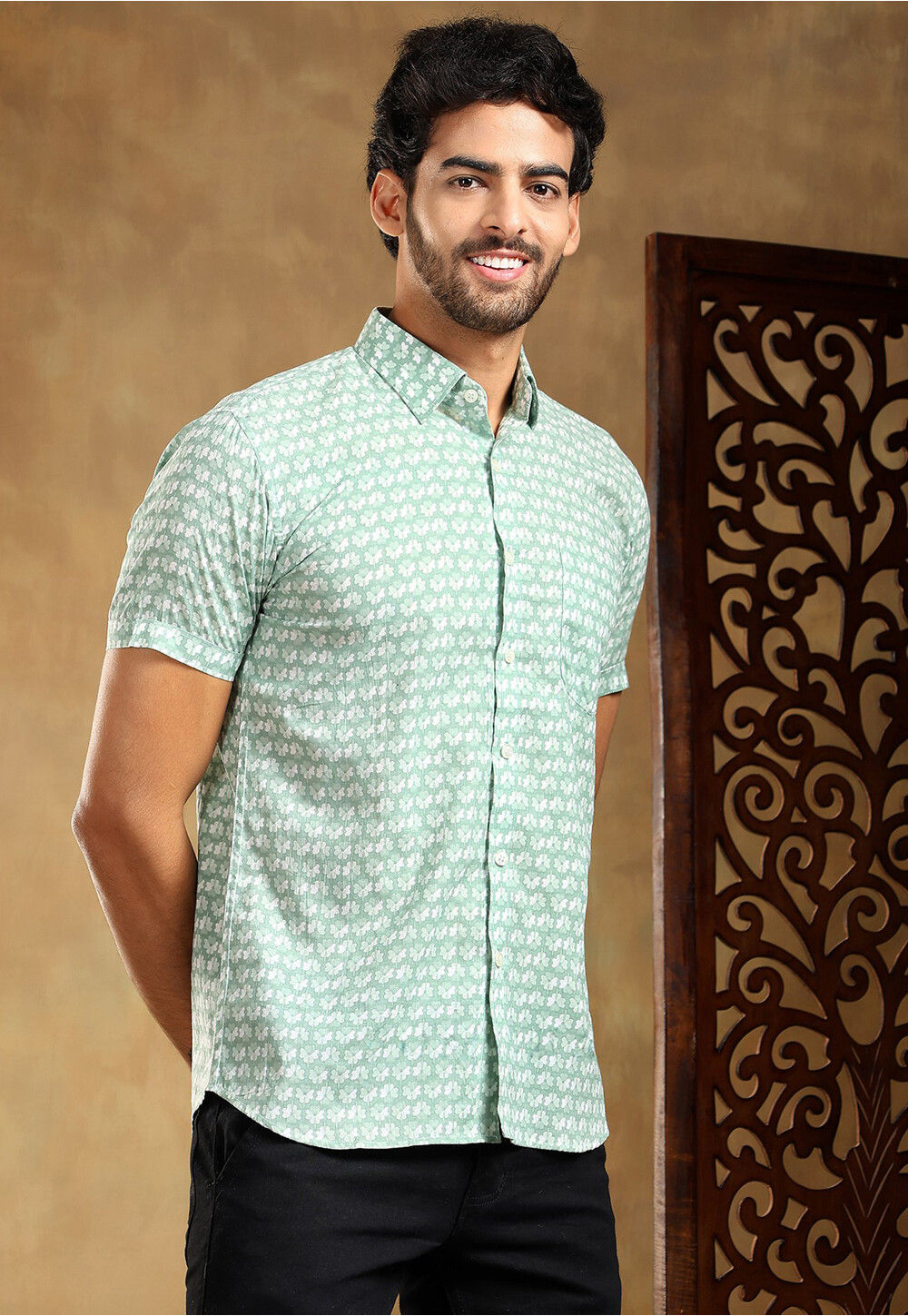Men’s Green Handblock Print Cotton Shirt main image 1
